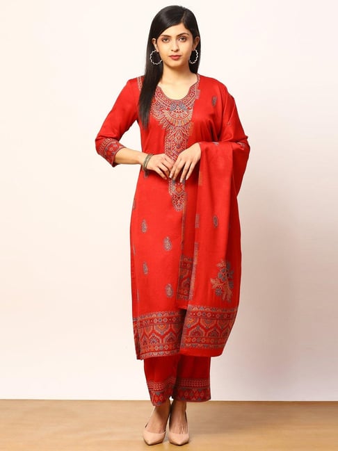 Rangriti Red Floral Print Kurta Pant Set With Dupatta