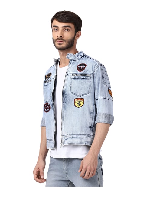 Buy VOXATI Blue Full Sleeves Mandarin Collar Denim Jacket for