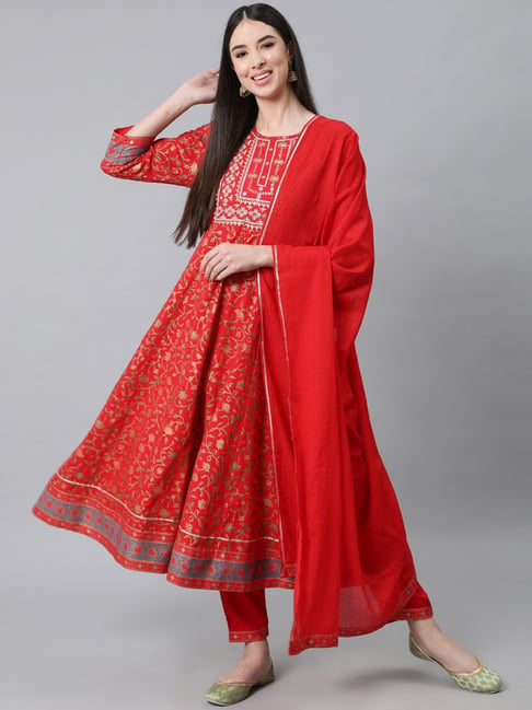 Anubhutee Red Cotton Embroidered Kurta Pant Set With Dupatta Price in India