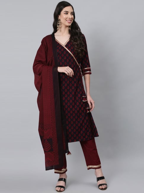 Anubhutee Black & Red Cotton Embellished Kurta Pant Set With Dupatta Price in India