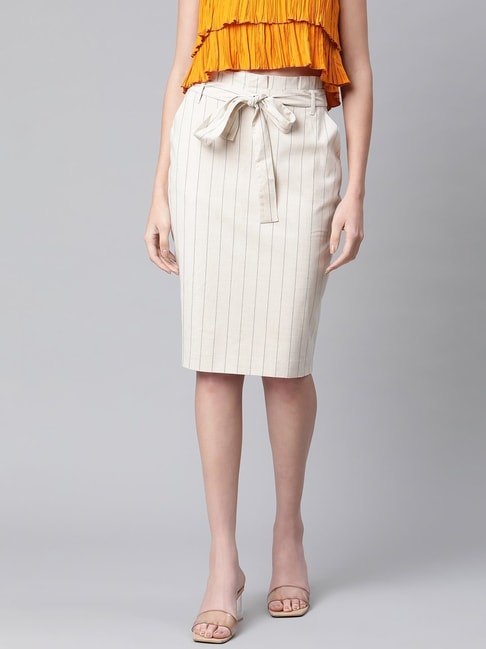 Runwayin Beige Striped Bodycon Skirt Price in India