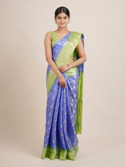 Green Semi Jute Saree with all-over unique designs, self-border of ogee  pattern in silver zari & pallu of zari stripes