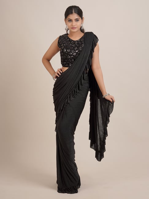 Buy Black Sequins Georgette Reception Wear Saree From Ethnic Plus