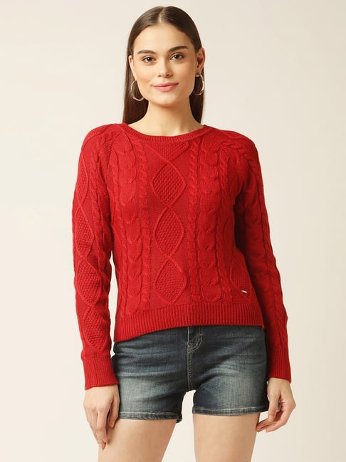 Buy Elle Red Self Design Round Neck Sweater for Women s Online Tata CLiQ