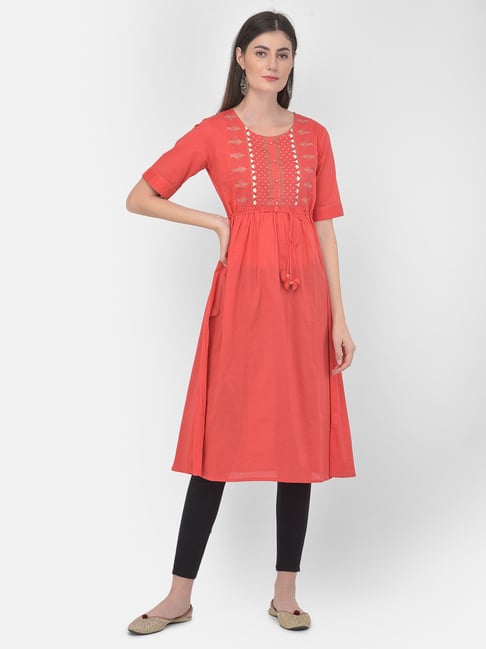 Span Red Cotton Printed A Line Kurta