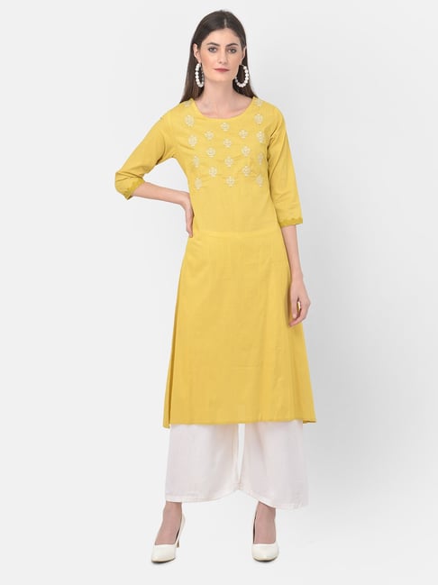 Span Yellow Cotton Embroidered A Line Kurta