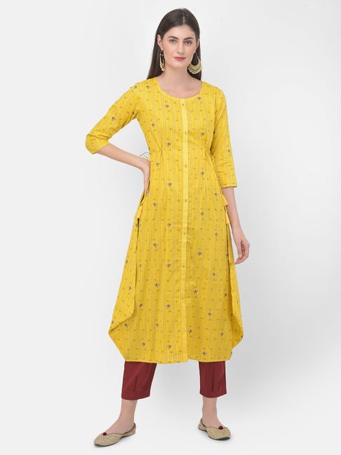 Span Yellow Cotton Printed A Line Kurta