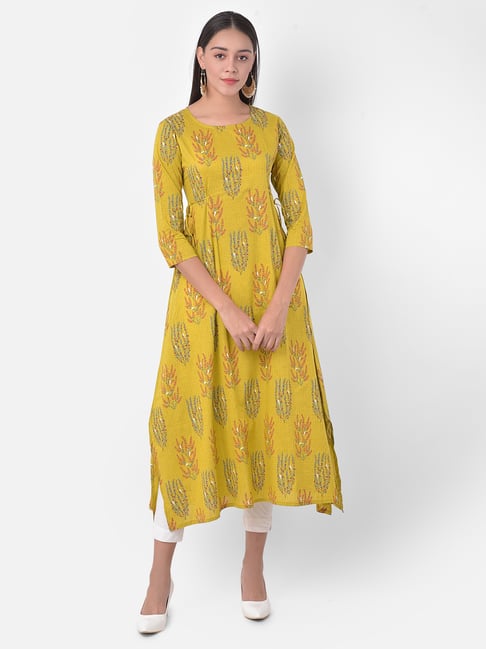 Span Yellow Cotton Printed A Line Kurta