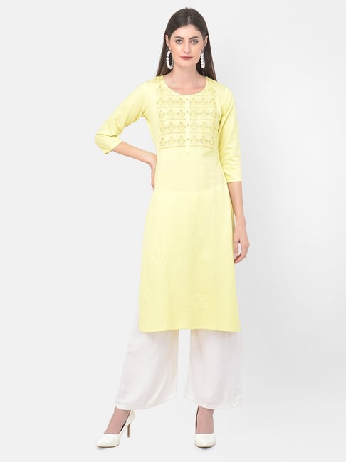 Span Yellow Cotton Embroidered Straight Kurta