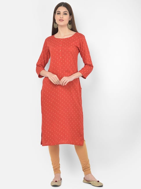 Span Red Cotton Printed Straight Kurta