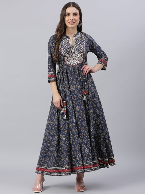 Divena Blue Cotton Printed A Line Kurta-picture-13