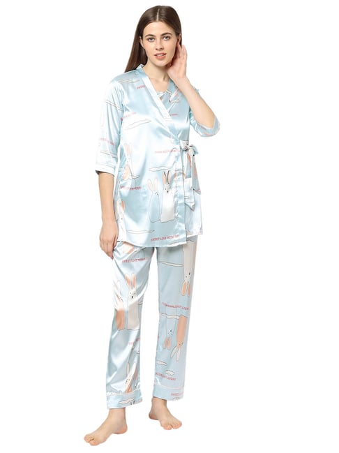 Buy Sweet Dreams Sky Blue Printed Robe With Slip And Pyjamas Set for ...