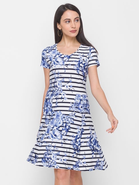 Globus White & Blue Printed A-Line Dress Price in India