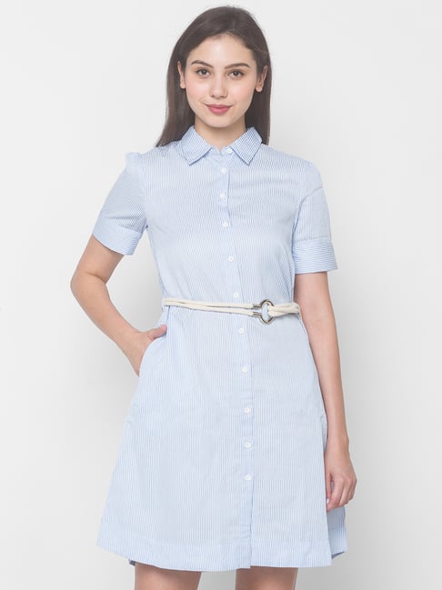 Globus Blue Striped A-Line Dress With Belt Price in India