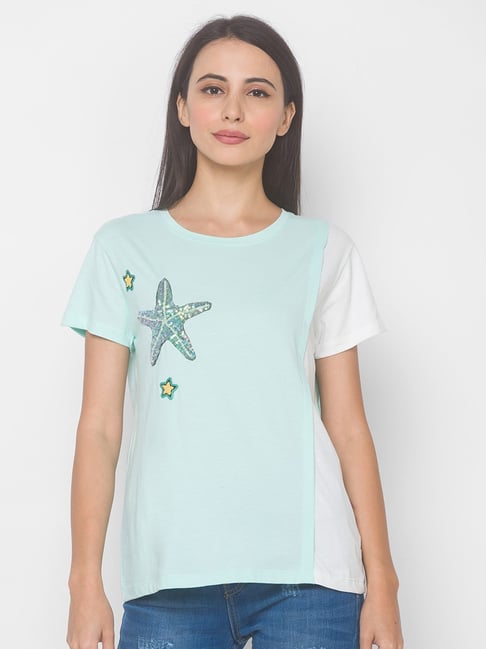 Globus Blue Cotton Embellished T-Shirt Price in India