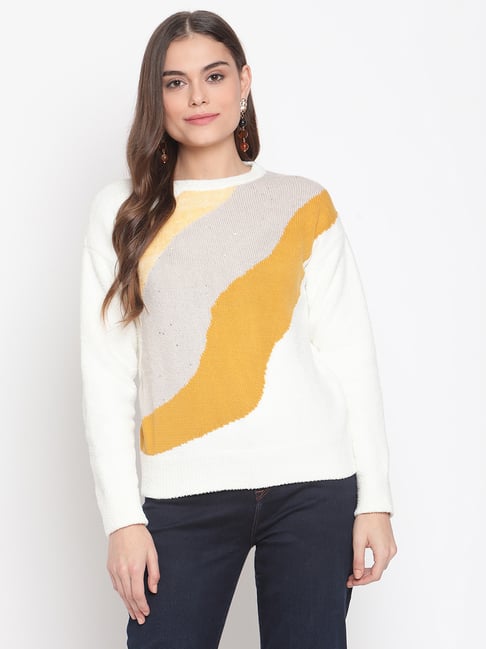 MADAME White \u0026 Yellow Printed Sweater 