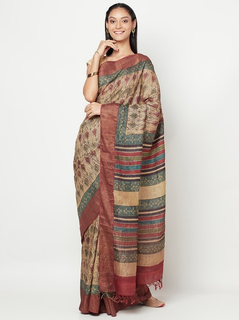 Fabindia Beige Printed Saree With Unstitched Blouse Price in India
