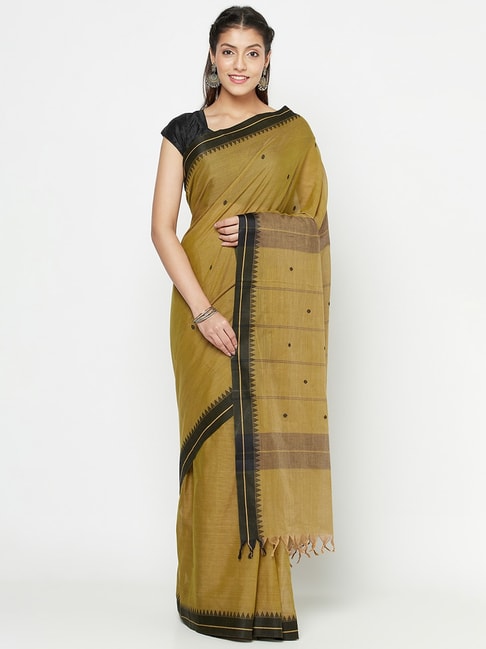 Fabindia Green Cotton Woven Saree With Unstitched Blouse Price in India