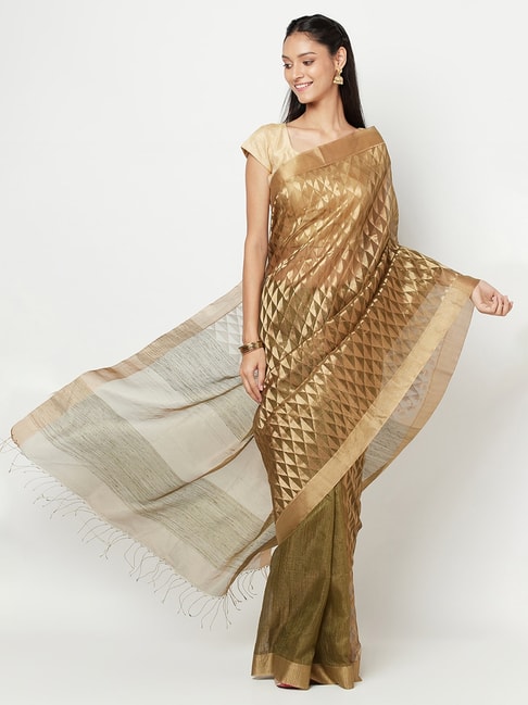 Fabindia Yellow Woven Saree With Unstitched Blouse Price in India