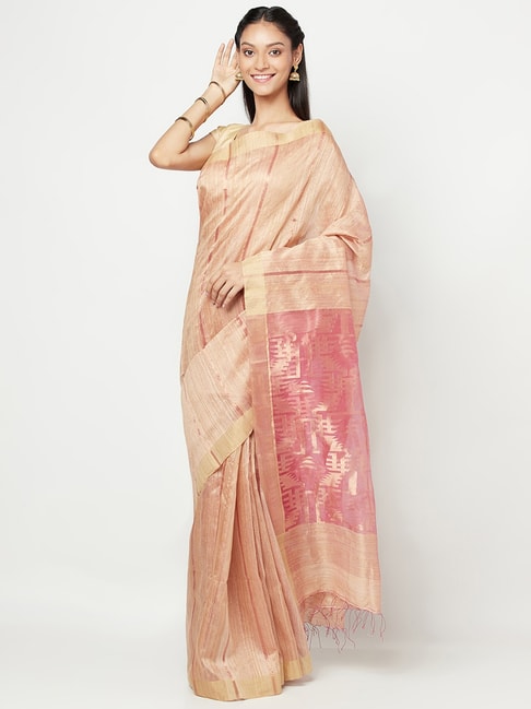 Fabindia Pink Woven Saree With Unstitched Blouse Price in India