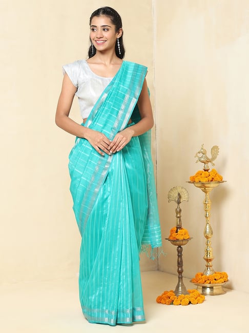 Fabindia Blue Woven Saree With Unstitched Blouse Price in India