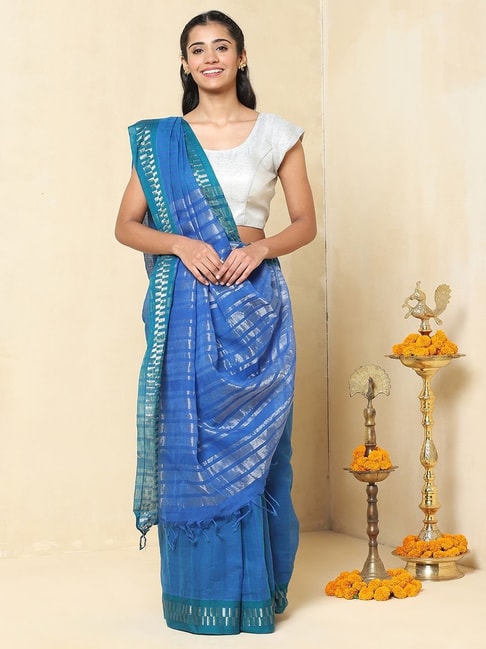 Fabindia Blue Cotton Woven Saree With Unstitched Blouse Price in India