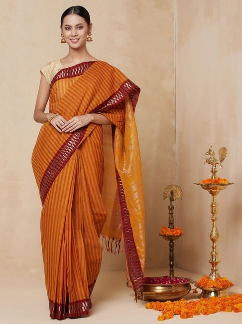 Fabindia Yellow Cotton Woven Saree With Unstitched Blouse Price in India