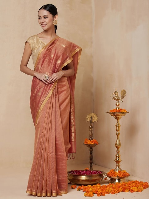 Fabindia Peach Woven Saree With Unstitched Blouse Price in India
