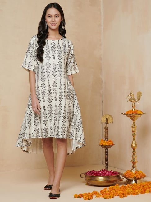 Fabindia White Cotton Printed A-Line Dress Price in India