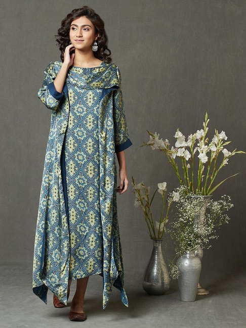 Fabindia Blue Printed A-Line Dress Price in India