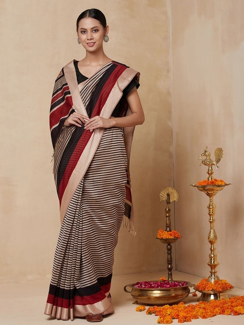 Fabindia Black & Beige Striped Saree With Unstitched Blouse Price in India