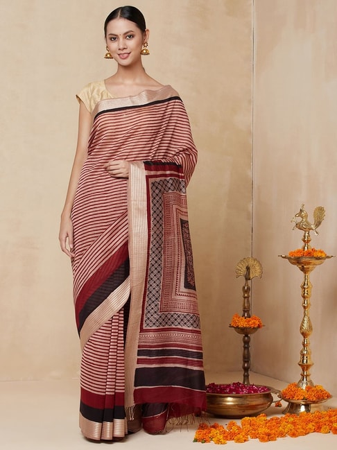 Fabindia Maroon & Beige Striped Saree With Unstitched Blouse Price in India