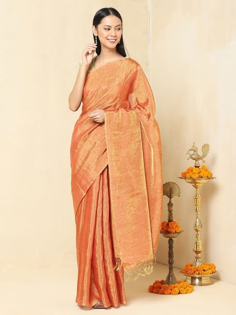 Fabindia Orange Linen Saree Price in India