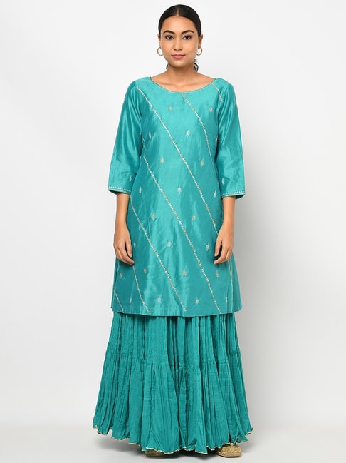 Fabindia Turquoise Embroidered Kurta Sharara Set Price in India