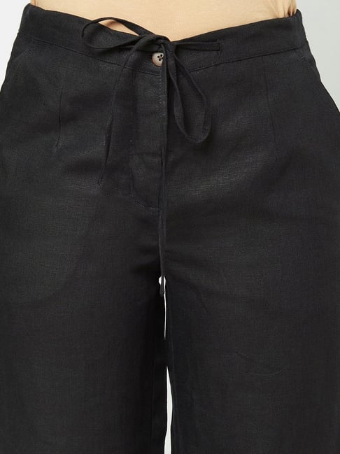 Pullbear drawstring linen trousers in black  ASOS