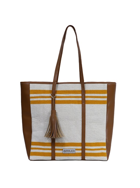 Diwaah Brown & White Striped Medium Tote Handbag Price in India