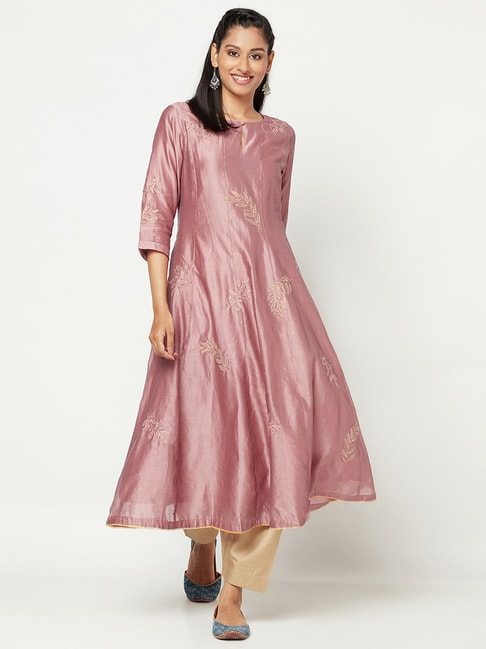 Fabindia Pink Embroidered A Line Kurta Price in India