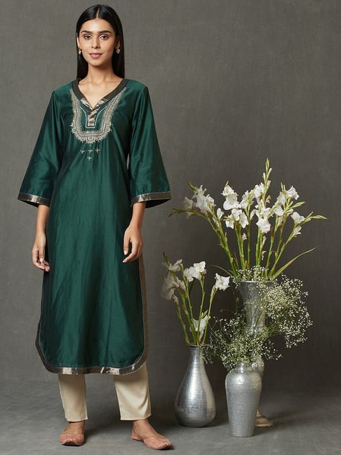 Fabindia Green Embroidered Straight Kurta Price in India