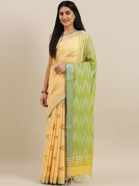 The Chennai Silks Green & Beige Linen Geometric Print Saree With Unstitched Blouse Price in India