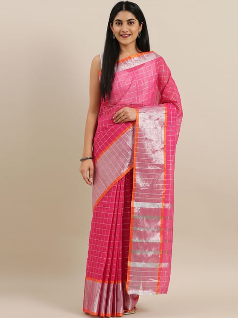 The Chennai Silks Pink & Silver Cotton Chequered Saree Price in India