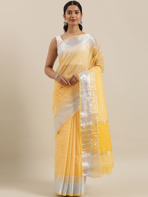 The Chennai Silks Yellow & Grey Cotton Chequered Saree Price in India
