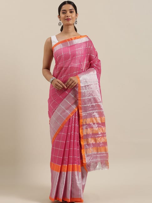 The Chennai Silks Pink & Orange Cotton Chequered Saree Price in India