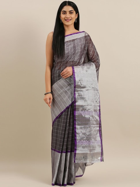 The Chennai Silks Black & Purple Cotton Chequered Saree Price in India