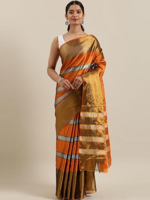 The Chennai Silks Orange & Gold Cotton Striped Saree Price in India