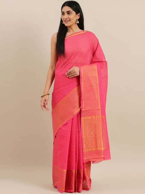 The Chennai Silks Pink & Gold Cotton Chequered Saree With Unstitched Blouse Price in India
