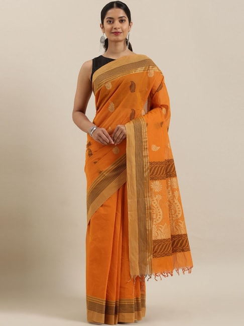 The Chennai Silks Yellow & Brown Floral Print Saree With Unstitched Blouse Price in India