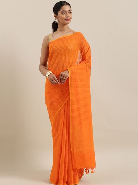 The Chennai Silks Orange Cotton Chequered Saree With Unstitched Blouse Price in India