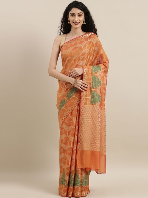 The Chennai Silks Orange & Green Geometric Print Saree With Unstitched Blouse Price in India