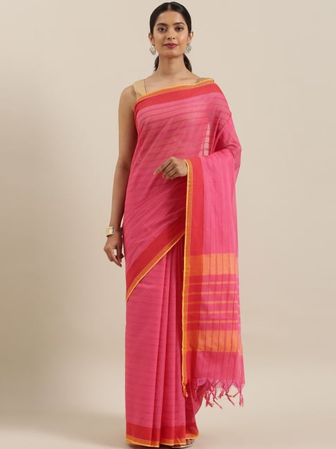 The Chennai Silks Pink & Red Cotton Striped Saree With Unstitched Blouse Price in India