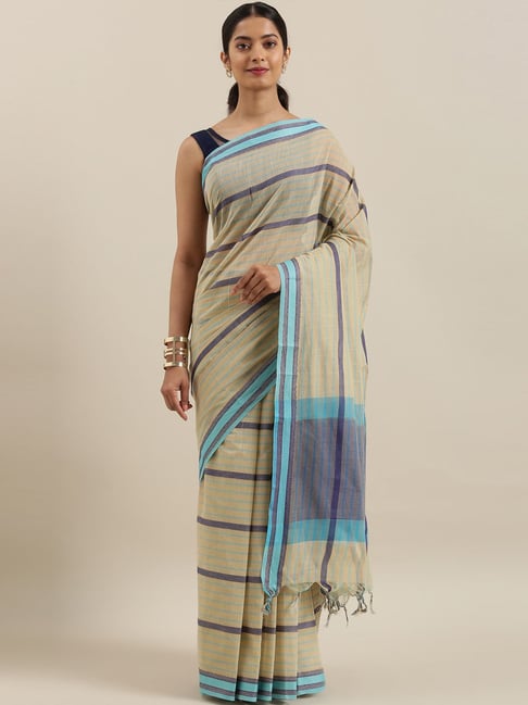 The Chennai Silks Beige & Purple Cotton Striped Saree With Unstitched Blouse Price in India